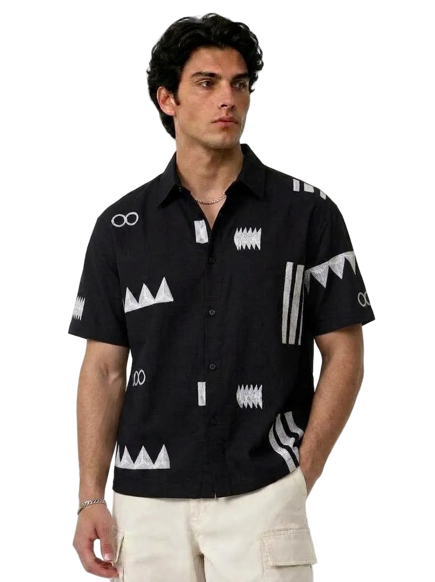 Embroidered Dark Charcoal Grey Half Sleeves Shirt