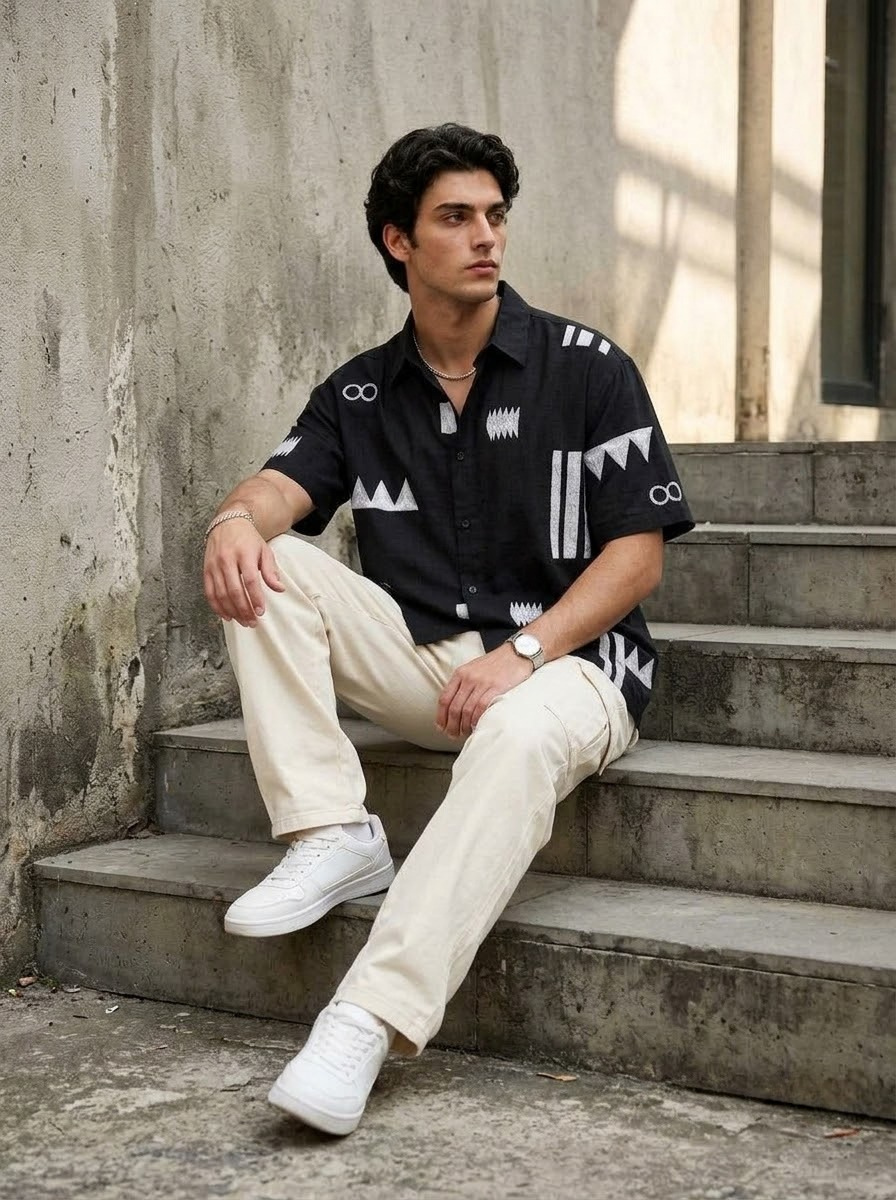 Embroidered Dark Charcoal Grey Half Sleeves Shirt