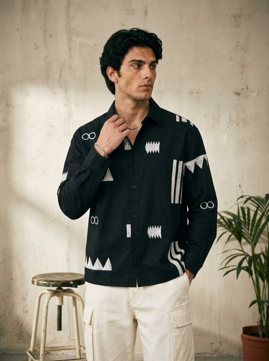 Embroidered Dark Charcoal Grey Half Sleeves Shirt